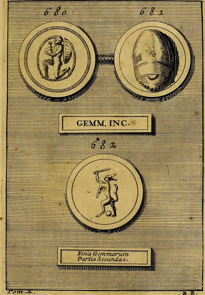 An illustration from Dactyliothecae, seu Annulorum sigillarium quorum priscos tam Graecos quam Romanos usus, ex ferro, aere, argento & auro promptuarii ... Collectis aliunde & ineditis & editis annulorum figuris auctior;, 1695, leaf 712