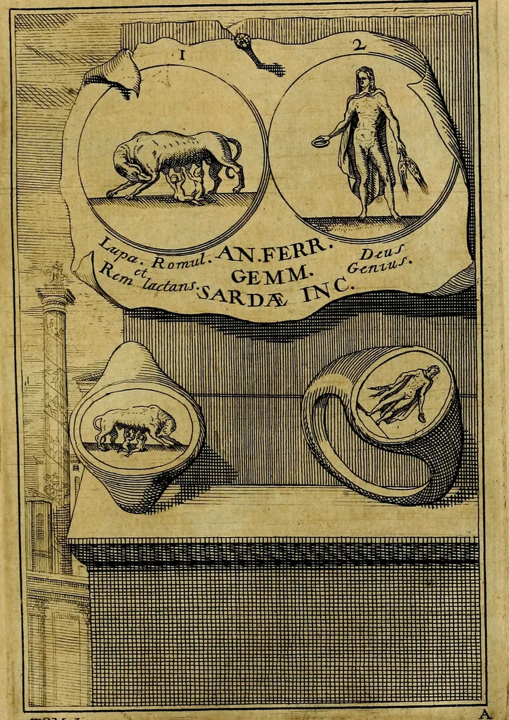 An illustration from Dactyliothecae, seu Annulorum sigillarium quorum priscos tam Graecos quam Romanos usus, ex ferro, aere, argento & auro promptuarii ... Collectis aliunde & ineditis & editis annulorum figuris auctior;, 1695, leaf 86