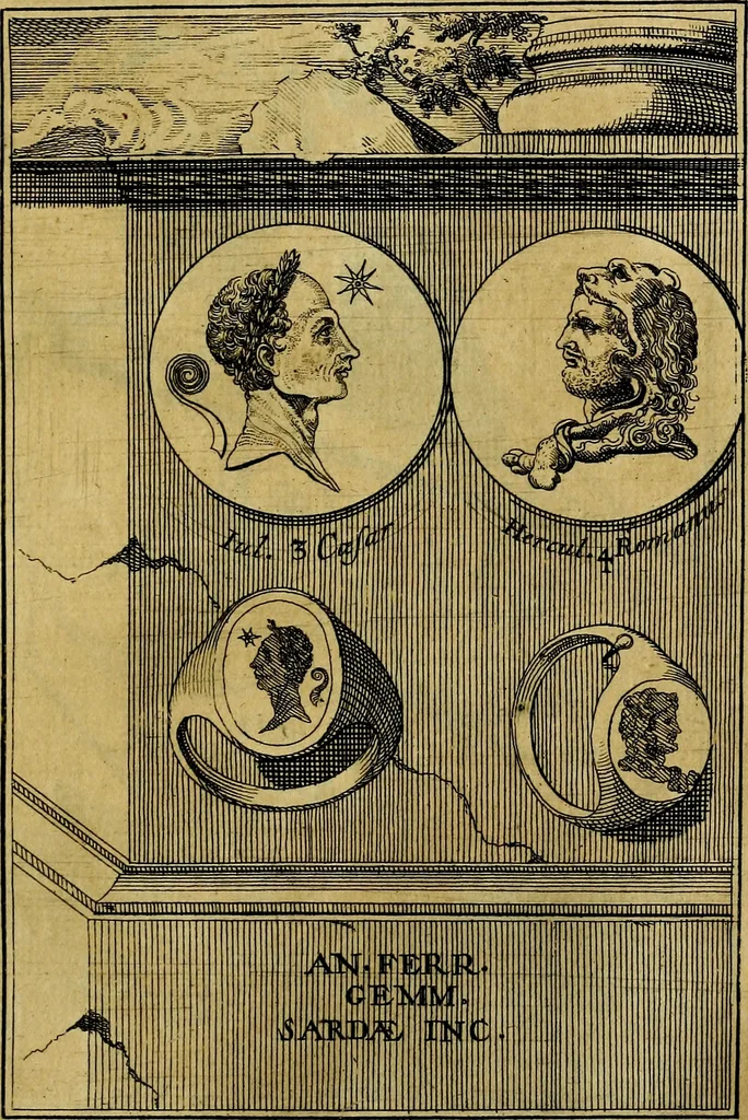 An illustration from Dactyliothecae, seu Annulorum sigillarium quorum priscos tam Graecos quam Romanos usus, ex ferro, aere, argento & auro promptuarii ... Collectis aliunde & ineditis & editis annulorum figuris auctior;, 1695, leaf 88