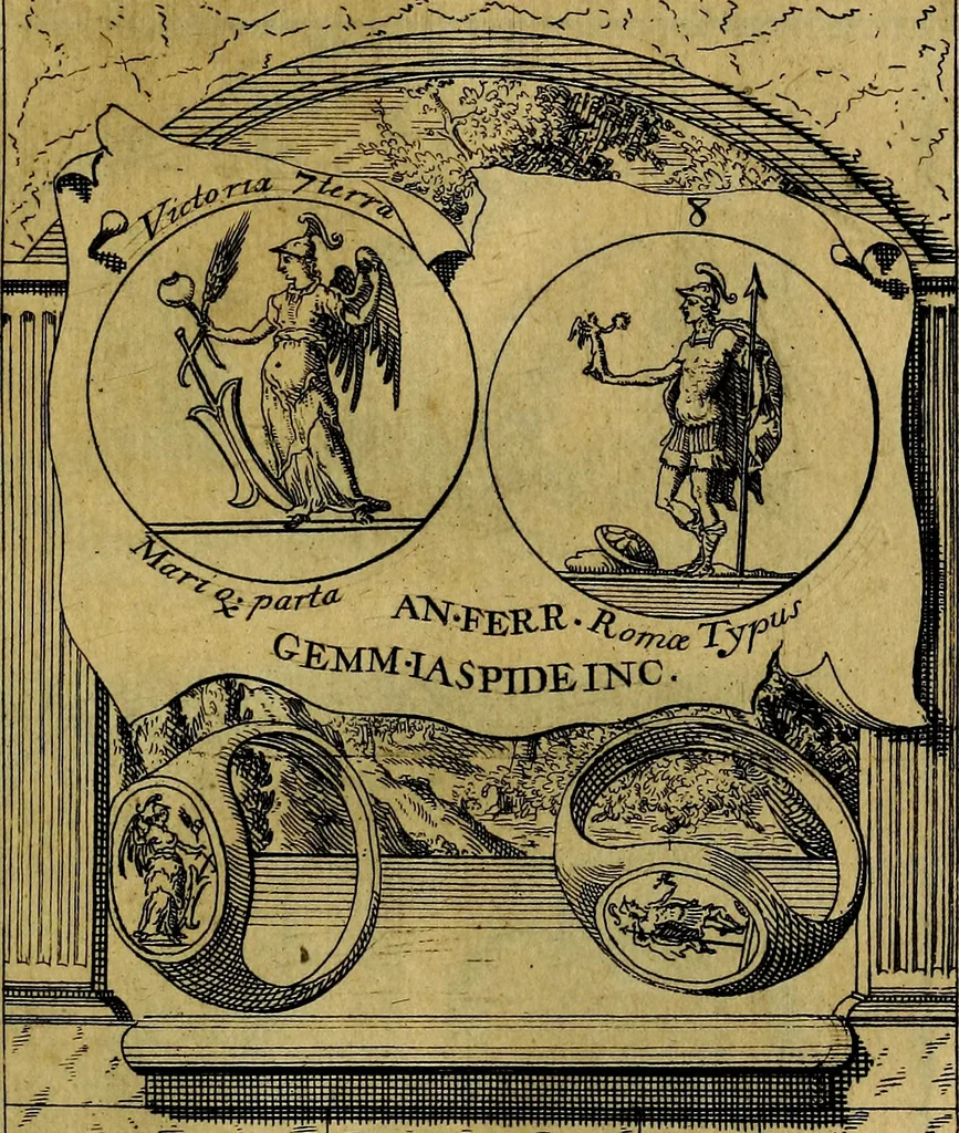 An illustration from Dactyliothecae, seu Annulorum sigillarium quorum priscos tam Graecos quam Romanos usus, ex ferro, aere, argento & auro promptuarii ... Collectis aliunde & ineditis & editis annulorum figuris auctior;, 1695, leaf 92