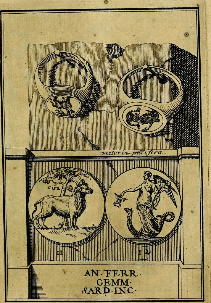 An illustration from Dactyliothecae, seu Annulorum sigillarium quorum priscos tam Graecos quam Romanos usus, ex ferro, aere, argento & auro promptuarii ... Collectis aliunde & ineditis & editis annulorum figuris auctior;, 1695, leaf 96