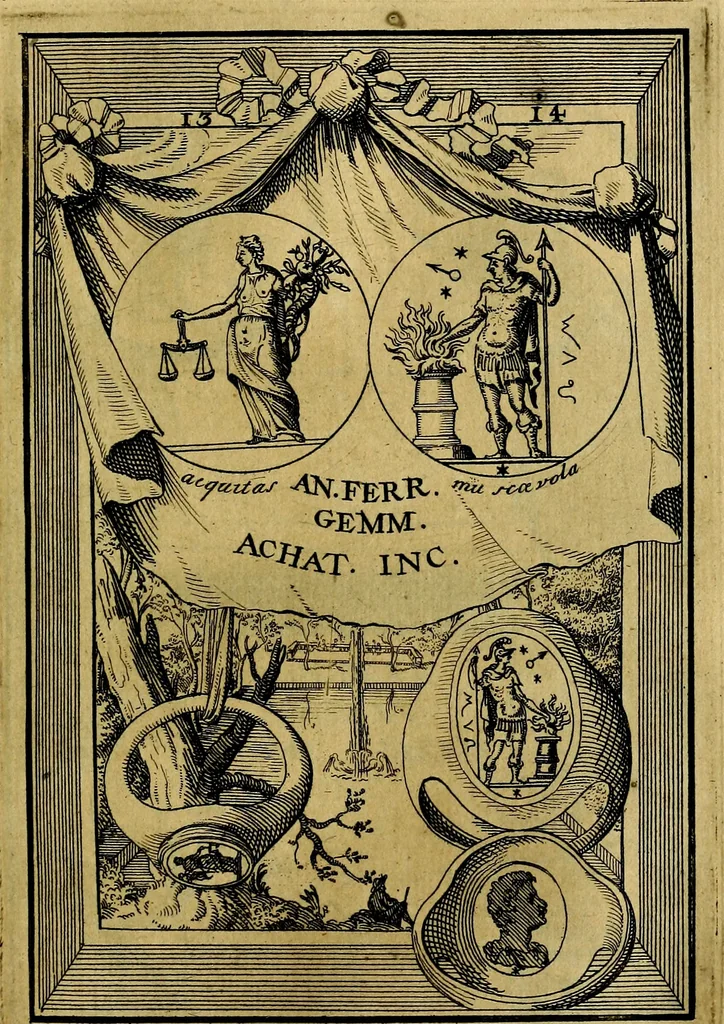 An illustration from Dactyliothecae, seu Annulorum sigillarium quorum priscos tam Graecos quam Romanos usus, ex ferro, aere, argento & auro promptuarii ... Collectis aliunde & ineditis & editis annulorum figuris auctior;, 1695, leaf 98