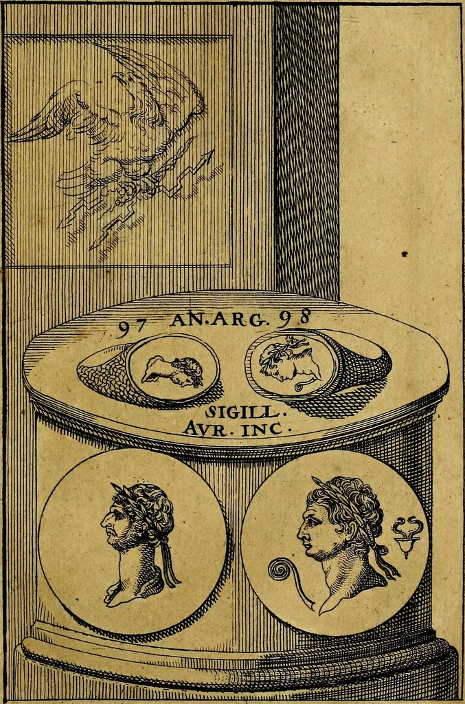 An illustration from Dactyliothecae, seu Annulorum sigillarium quorum priscos tam Graecos quam Romanos usus, ex ferro, aere, argento & auro promptuarii ... Collectis aliunde & ineditis & editis annulorum figuris auctior;, 1695, leaf 102
