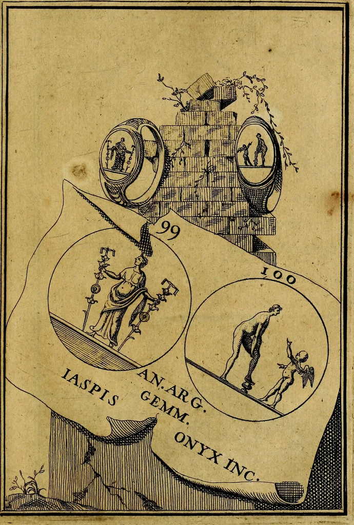 An illustration from Dactyliothecae, seu Annulorum sigillarium quorum priscos tam Graecos quam Romanos usus, ex ferro, aere, argento & auro promptuarii ... Collectis aliunde & ineditis & editis annulorum figuris auctior;, 1695, leaf 104