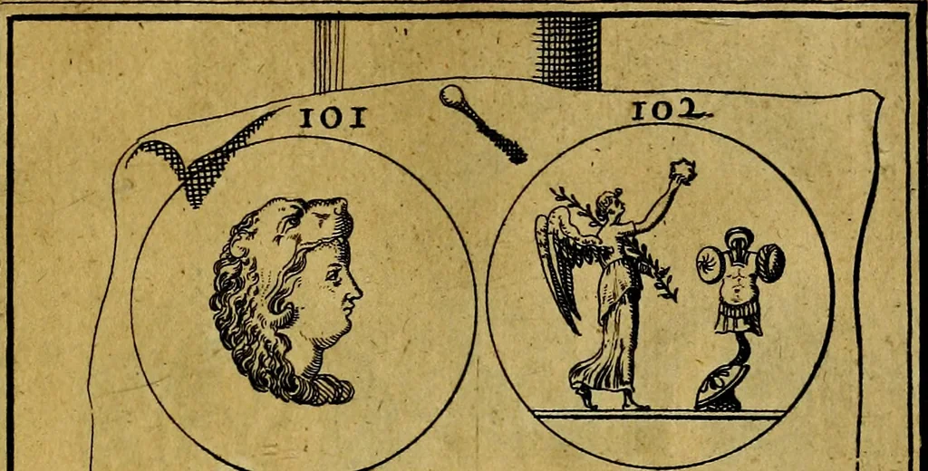 An illustration from Dactyliothecae, seu Annulorum sigillarium quorum priscos tam Graecos quam Romanos usus, ex ferro, aere, argento & auro promptuarii ... Collectis aliunde & ineditis & editis annulorum figuris auctior;, 1695, leaf 106