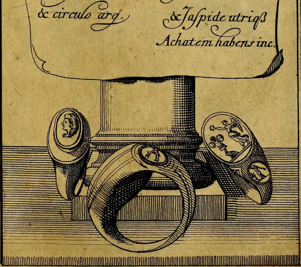 An illustration from Dactyliothecae, seu Annulorum sigillarium quorum priscos tam Graecos quam Romanos usus, ex ferro, aere, argento & auro promptuarii ... Collectis aliunde & ineditis & editis annulorum figuris auctior;, 1695, leaf 106