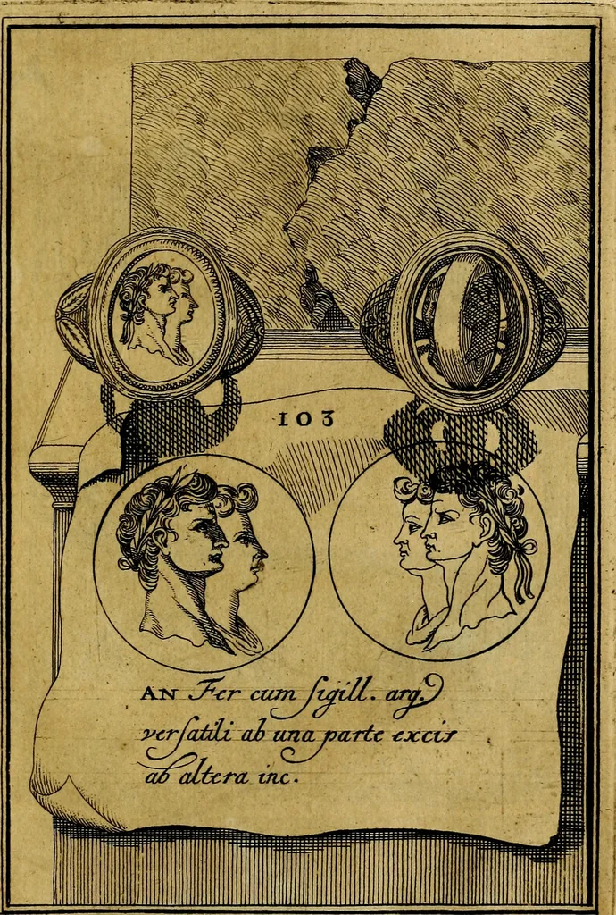 An illustration from Dactyliothecae, seu Annulorum sigillarium quorum priscos tam Graecos quam Romanos usus, ex ferro, aere, argento & auro promptuarii ... Collectis aliunde & ineditis & editis annulorum figuris auctior;, 1695, leaf 108