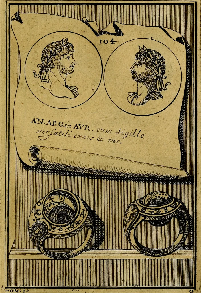 An illustration from Dactyliothecae, seu Annulorum sigillarium quorum priscos tam Graecos quam Romanos usus, ex ferro, aere, argento & auro promptuarii ... Collectis aliunde & ineditis & editis annulorum figuris auctior;, 1695, leaf 110