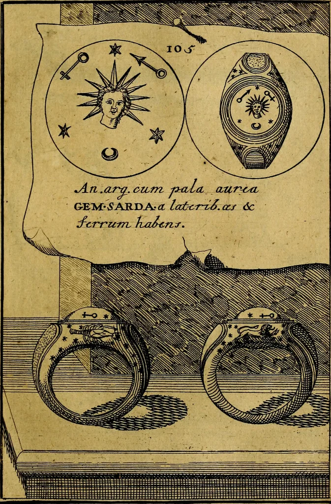 An illustration from Dactyliothecae, seu Annulorum sigillarium quorum priscos tam Graecos quam Romanos usus, ex ferro, aere, argento & auro promptuarii ... Collectis aliunde & ineditis & editis annulorum figuris auctior;, 1695, leaf 112