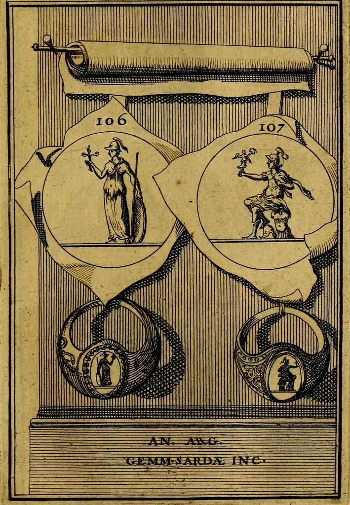 An illustration from Dactyliothecae, seu Annulorum sigillarium quorum priscos tam Graecos quam Romanos usus, ex ferro, aere, argento & auro promptuarii ... Collectis aliunde & ineditis & editis annulorum figuris auctior;, 1695, leaf 114