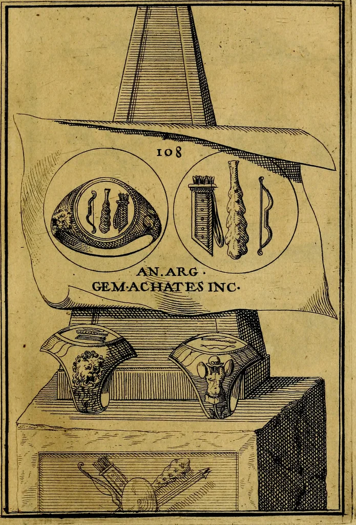 An illustration from Dactyliothecae, seu Annulorum sigillarium quorum priscos tam Graecos quam Romanos usus, ex ferro, aere, argento & auro promptuarii ... Collectis aliunde & ineditis & editis annulorum figuris auctior;, 1695, leaf 116