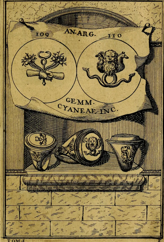 An illustration from Dactyliothecae, seu Annulorum sigillarium quorum priscos tam Graecos quam Romanos usus, ex ferro, aere, argento & auro promptuarii ... Collectis aliunde & ineditis & editis annulorum figuris auctior;, 1695, leaf 118