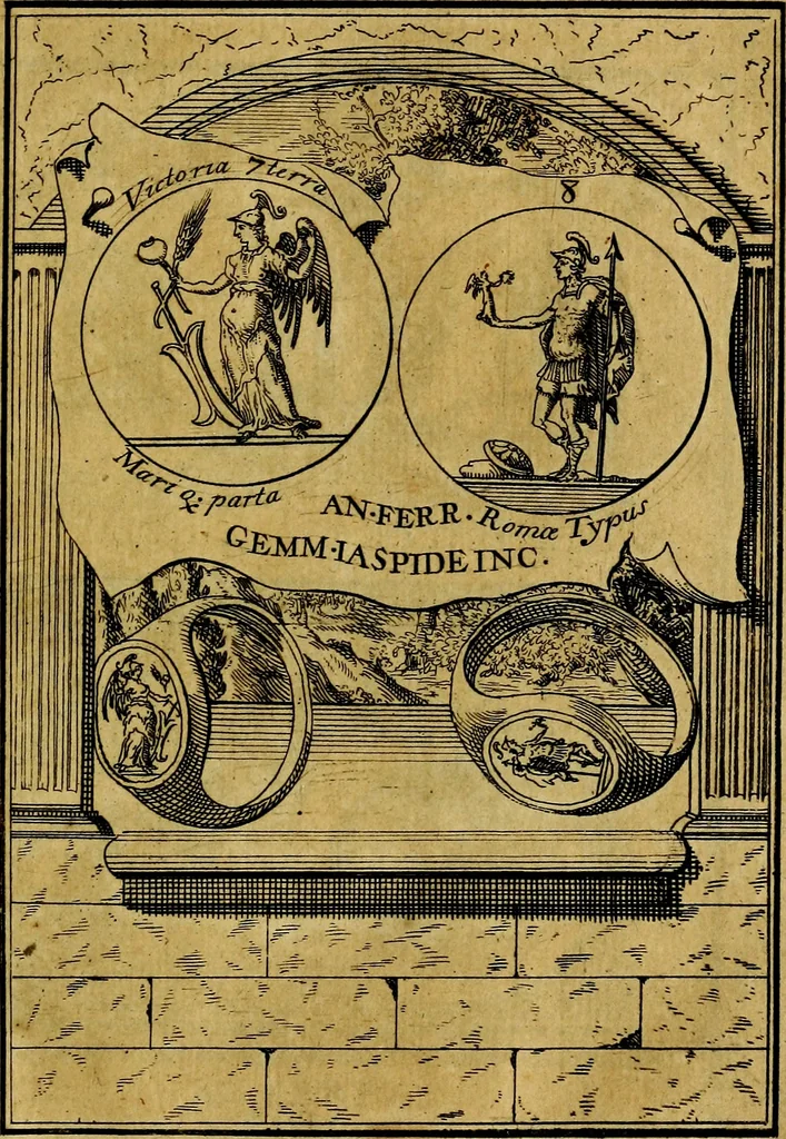 An illustration from Dactyliothecae, seu Annulorum sigillarium quorum priscos tam Graecos quam Romanos usus, ex ferro, aere, argento & auro promptuarii ... Collectis aliunde & ineditis & editis annulorum figuris auctior;, 1695, leaf 12