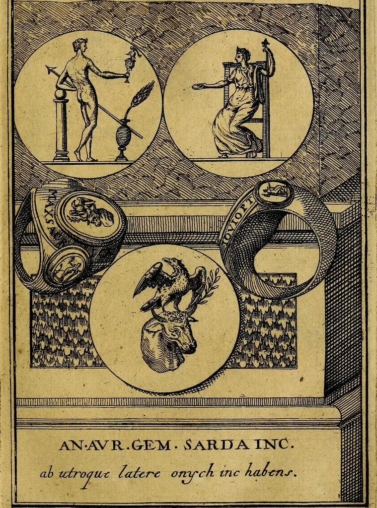 An illustration from Dactyliothecae, seu Annulorum sigillarium quorum priscos tam Graecos quam Romanos usus, ex ferro, aere, argento & auro promptuarii ... Collectis aliunde & ineditis & editis annulorum figuris auctior;, 1695, leaf 122