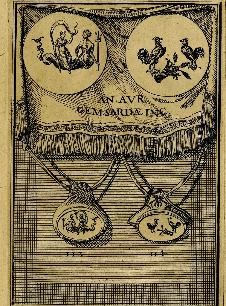 An illustration from Dactyliothecae, seu Annulorum sigillarium quorum priscos tam Graecos quam Romanos usus, ex ferro, aere, argento & auro promptuarii ... Collectis aliunde & ineditis & editis annulorum figuris auctior;, 1695, leaf 124