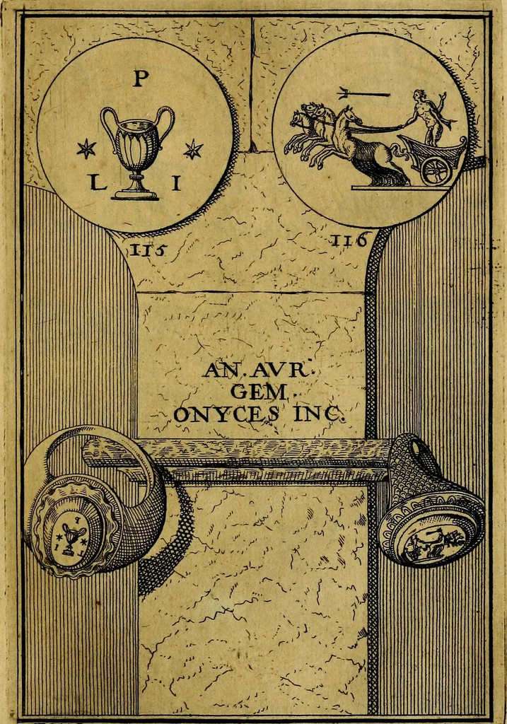An illustration from Dactyliothecae, seu Annulorum sigillarium quorum priscos tam Graecos quam Romanos usus, ex ferro, aere, argento & auro promptuarii ... Collectis aliunde & ineditis & editis annulorum figuris auctior;, 1695, leaf 126