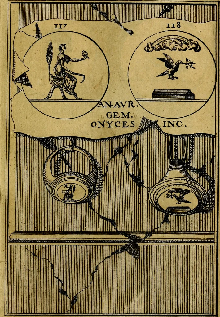 An illustration from Dactyliothecae, seu Annulorum sigillarium quorum priscos tam Graecos quam Romanos usus, ex ferro, aere, argento & auro promptuarii ... Collectis aliunde & ineditis & editis annulorum figuris auctior;, 1695, leaf 128