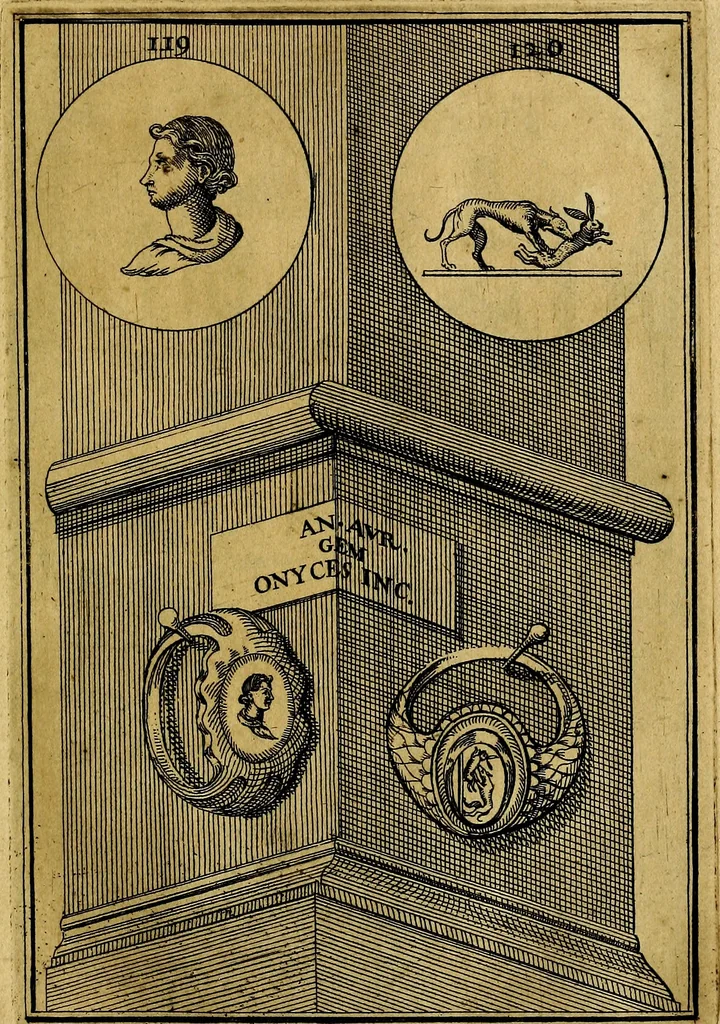 An illustration from Dactyliothecae, seu Annulorum sigillarium quorum priscos tam Graecos quam Romanos usus, ex ferro, aere, argento & auro promptuarii ... Collectis aliunde & ineditis & editis annulorum figuris auctior;, 1695, leaf 130