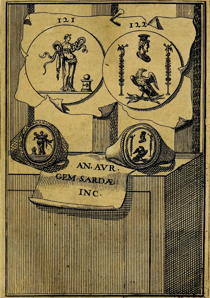 An illustration from Dactyliothecae, seu Annulorum sigillarium quorum priscos tam Graecos quam Romanos usus, ex ferro, aere, argento & auro promptuarii ... Collectis aliunde & ineditis & editis annulorum figuris auctior;, 1695, leaf 132