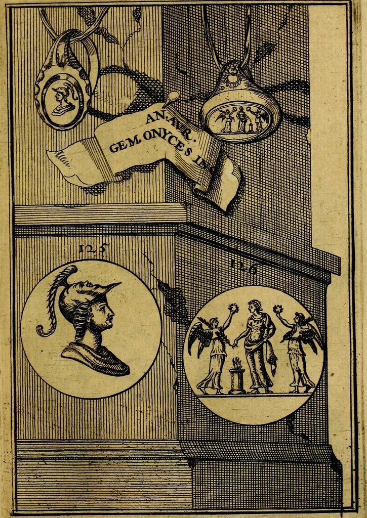 An illustration from Dactyliothecae, seu Annulorum sigillarium quorum priscos tam Graecos quam Romanos usus, ex ferro, aere, argento & auro promptuarii ... Collectis aliunde & ineditis & editis annulorum figuris auctior;, 1695, leaf 136