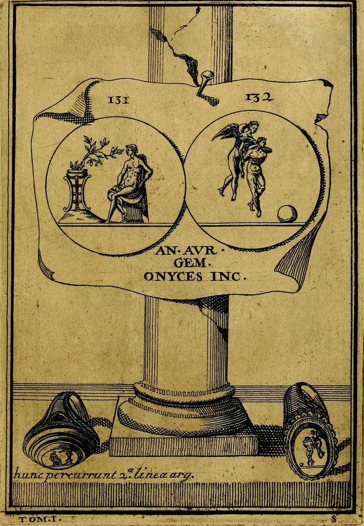 An illustration from Dactyliothecae, seu Annulorum sigillarium quorum priscos tam Graecos quam Romanos usus, ex ferro, aere, argento & auro promptuarii ... Collectis aliunde & ineditis & editis annulorum figuris auctior;, 1695, leaf 142