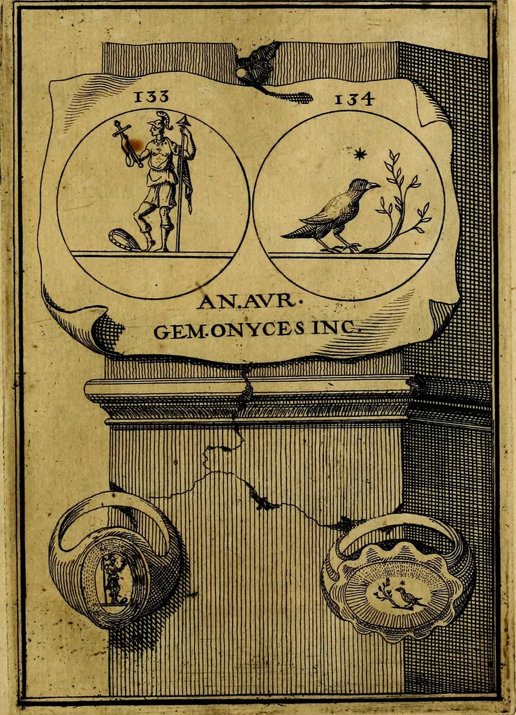 An illustration from Dactyliothecae, seu Annulorum sigillarium quorum priscos tam Graecos quam Romanos usus, ex ferro, aere, argento & auro promptuarii ... Collectis aliunde & ineditis & editis annulorum figuris auctior;, 1695, leaf 144