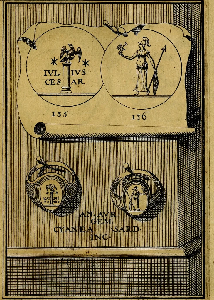 An illustration from Dactyliothecae, seu Annulorum sigillarium quorum priscos tam Graecos quam Romanos usus, ex ferro, aere, argento & auro promptuarii ... Collectis aliunde & ineditis & editis annulorum figuris auctior;, 1695, leaf 146