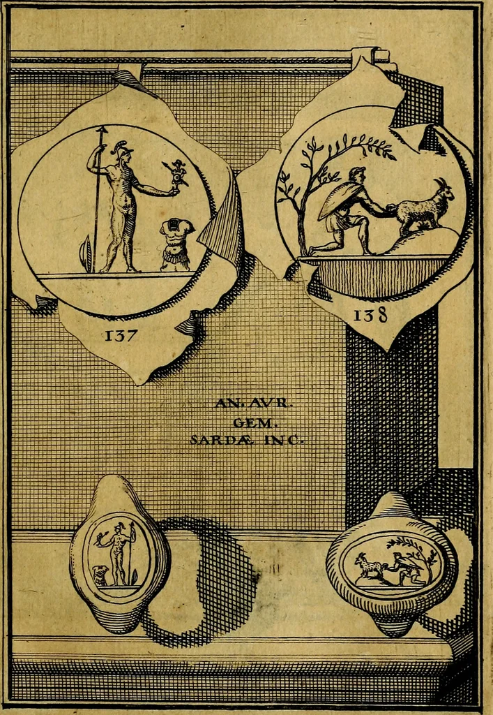 An illustration from Dactyliothecae, seu Annulorum sigillarium quorum priscos tam Graecos quam Romanos usus, ex ferro, aere, argento & auro promptuarii ... Collectis aliunde & ineditis & editis annulorum figuris auctior;, 1695, leaf 148