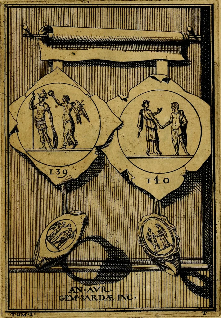 An illustration from Dactyliothecae, seu Annulorum sigillarium quorum priscos tam Graecos quam Romanos usus, ex ferro, aere, argento & auro promptuarii ... Collectis aliunde & ineditis & editis annulorum figuris auctior;, 1695, leaf 150