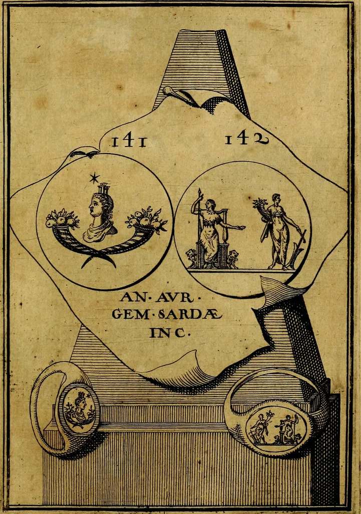 An illustration from Dactyliothecae, seu Annulorum sigillarium quorum priscos tam Graecos quam Romanos usus, ex ferro, aere, argento & auro promptuarii ... Collectis aliunde & ineditis & editis annulorum figuris auctior;, 1695, leaf 152