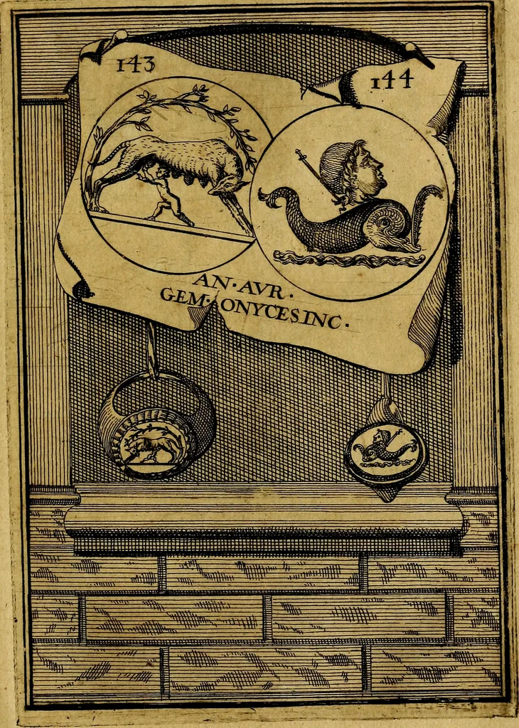 An illustration from Dactyliothecae, seu Annulorum sigillarium quorum priscos tam Graecos quam Romanos usus, ex ferro, aere, argento & auro promptuarii ... Collectis aliunde & ineditis & editis annulorum figuris auctior;, 1695, leaf 154