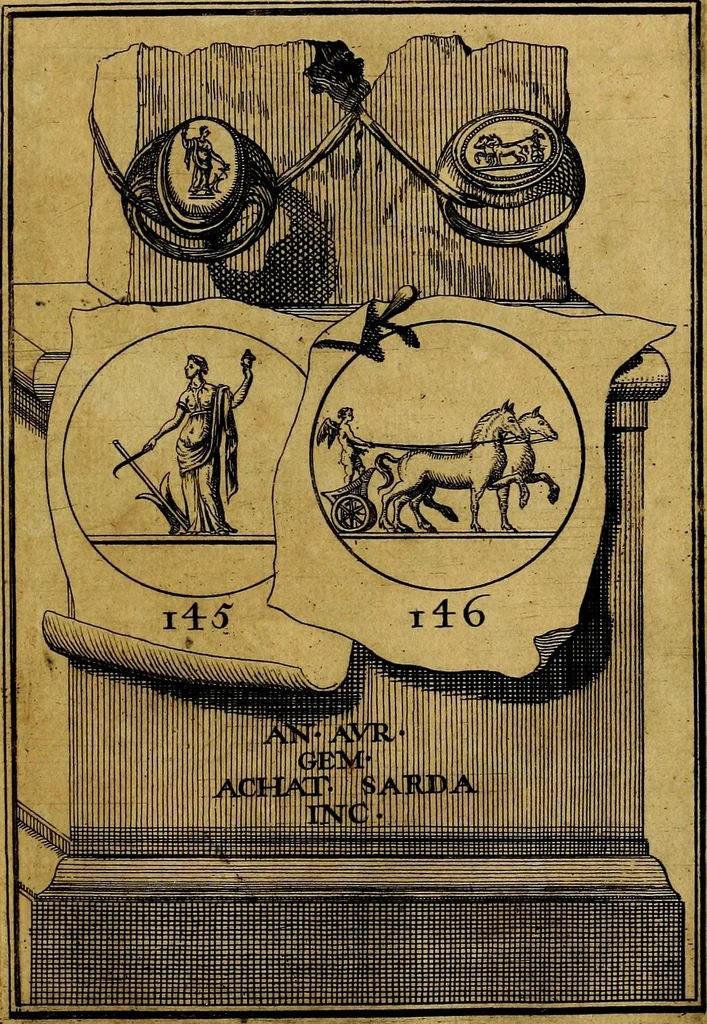 An illustration from Dactyliothecae, seu Annulorum sigillarium quorum priscos tam Graecos quam Romanos usus, ex ferro, aere, argento & auro promptuarii ... Collectis aliunde & ineditis & editis annulorum figuris auctior;, 1695, leaf 156
