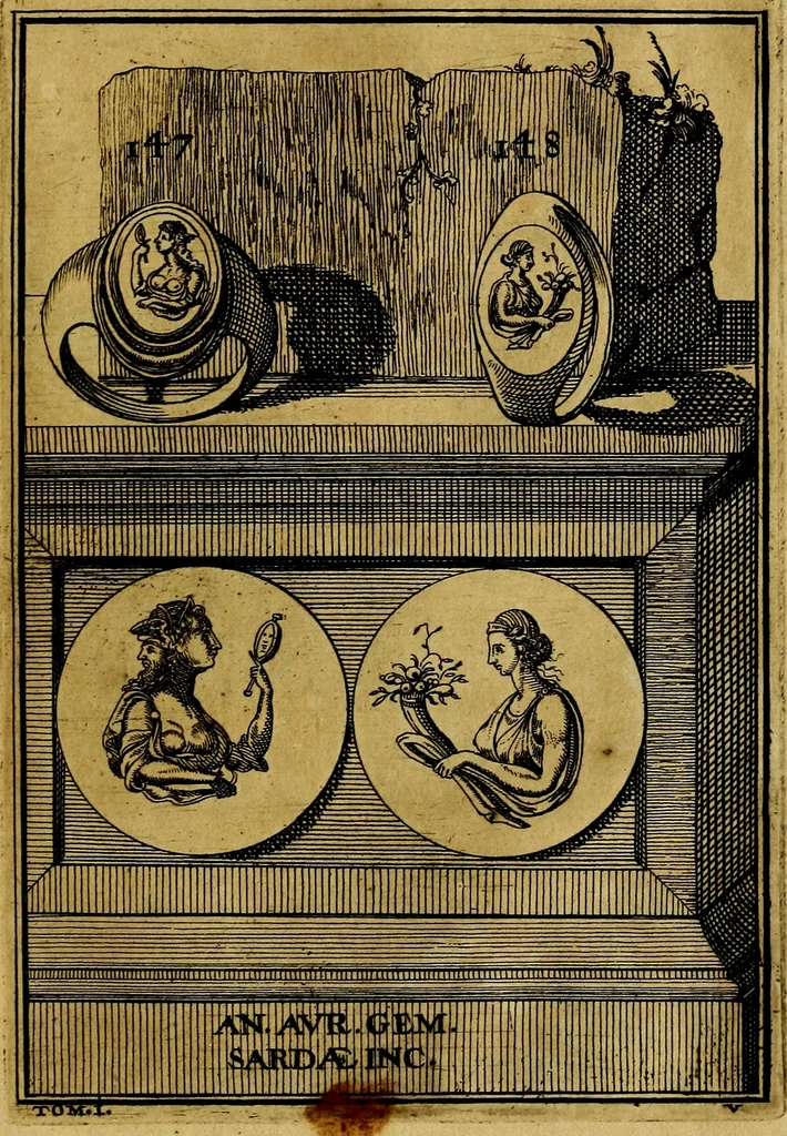 An illustration from Dactyliothecae, seu Annulorum sigillarium quorum priscos tam Graecos quam Romanos usus, ex ferro, aere, argento & auro promptuarii ... Collectis aliunde & ineditis & editis annulorum figuris auctior;, 1695, leaf 158