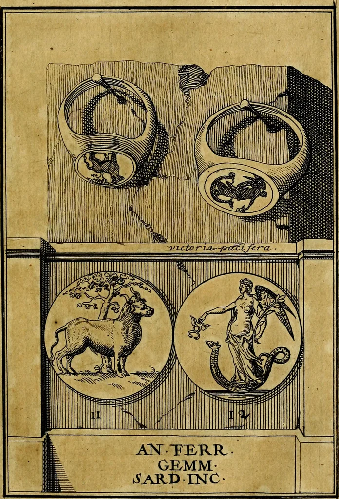 An illustration from Dactyliothecae, seu Annulorum sigillarium quorum priscos tam Graecos quam Romanos usus, ex ferro, aere, argento & auro promptuarii ... Collectis aliunde & ineditis & editis annulorum figuris auctior;, 1695, leaf 16