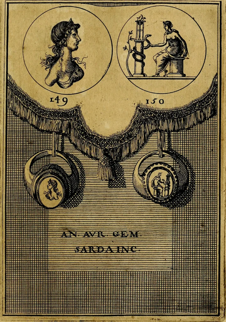 An illustration from Dactyliothecae, seu Annulorum sigillarium quorum priscos tam Graecos quam Romanos usus, ex ferro, aere, argento & auro promptuarii ... Collectis aliunde & ineditis & editis annulorum figuris auctior;, 1695, leaf 160