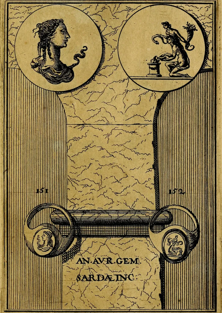 An illustration from Dactyliothecae, seu Annulorum sigillarium quorum priscos tam Graecos quam Romanos usus, ex ferro, aere, argento & auro promptuarii ... Collectis aliunde & ineditis & editis annulorum figuris auctior;, 1695, leaf 162