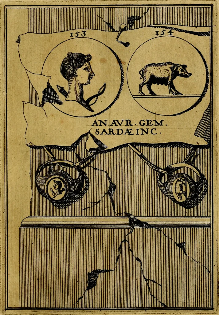 An illustration from Dactyliothecae, seu Annulorum sigillarium quorum priscos tam Graecos quam Romanos usus, ex ferro, aere, argento & auro promptuarii ... Collectis aliunde & ineditis & editis annulorum figuris auctior;, 1695, leaf 164