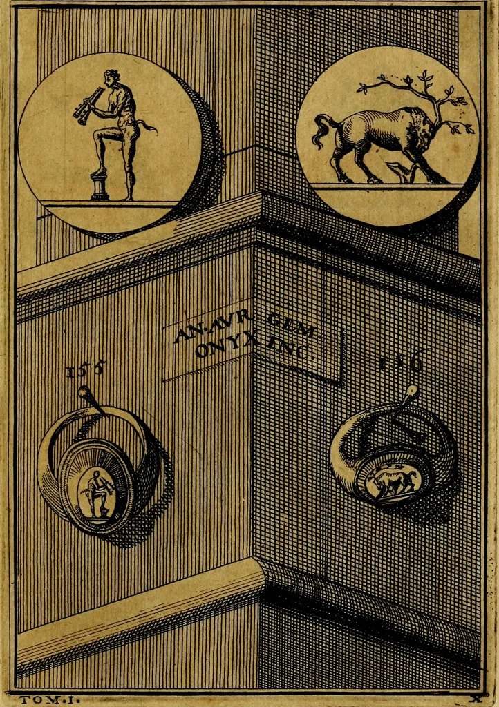 An illustration from Dactyliothecae, seu Annulorum sigillarium quorum priscos tam Graecos quam Romanos usus, ex ferro, aere, argento & auro promptuarii ... Collectis aliunde & ineditis & editis annulorum figuris auctior;, 1695, leaf 166