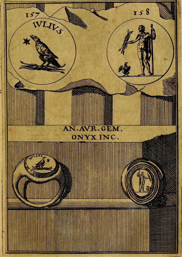 An illustration from Dactyliothecae, seu Annulorum sigillarium quorum priscos tam Graecos quam Romanos usus, ex ferro, aere, argento & auro promptuarii ... Collectis aliunde & ineditis & editis annulorum figuris auctior;, 1695, leaf 168