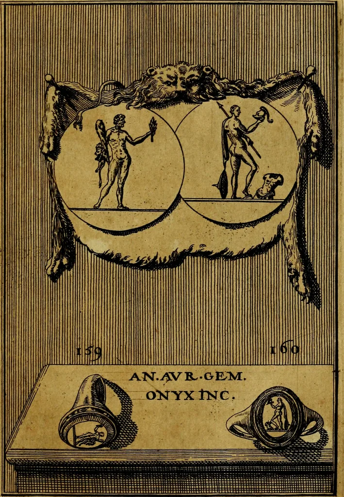 An illustration from Dactyliothecae, seu Annulorum sigillarium quorum priscos tam Graecos quam Romanos usus, ex ferro, aere, argento & auro promptuarii ... Collectis aliunde & ineditis & editis annulorum figuris auctior;, 1695, leaf 170