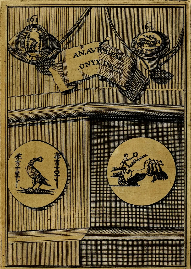 An illustration from Dactyliothecae, seu Annulorum sigillarium quorum priscos tam Graecos quam Romanos usus, ex ferro, aere, argento & auro promptuarii ... Collectis aliunde & ineditis & editis annulorum figuris auctior;, 1695, leaf 172