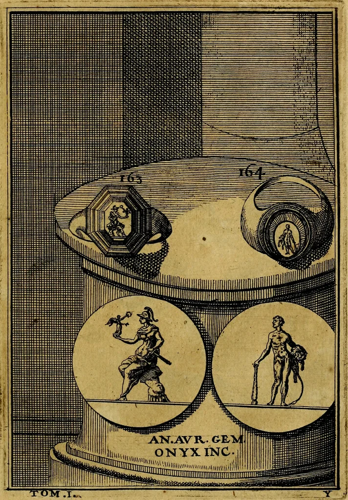 An illustration from Dactyliothecae, seu Annulorum sigillarium quorum priscos tam Graecos quam Romanos usus, ex ferro, aere, argento & auro promptuarii ... Collectis aliunde & ineditis & editis annulorum figuris auctior;, 1695, leaf 174