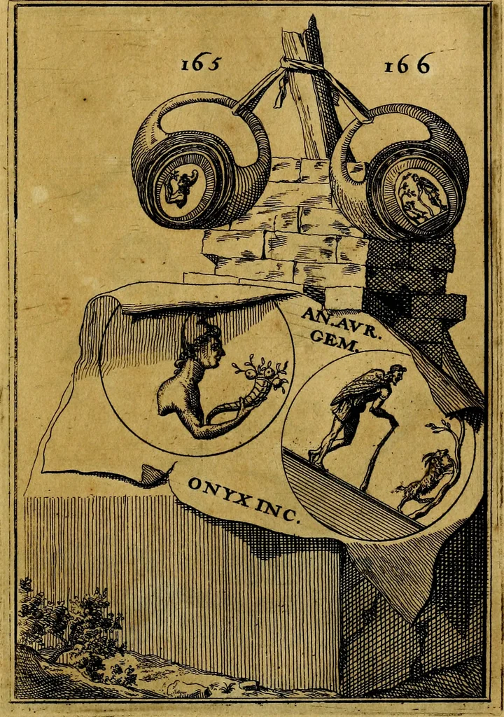 An illustration from Dactyliothecae, seu Annulorum sigillarium quorum priscos tam Graecos quam Romanos usus, ex ferro, aere, argento & auro promptuarii ... Collectis aliunde & ineditis & editis annulorum figuris auctior;, 1695, leaf 176