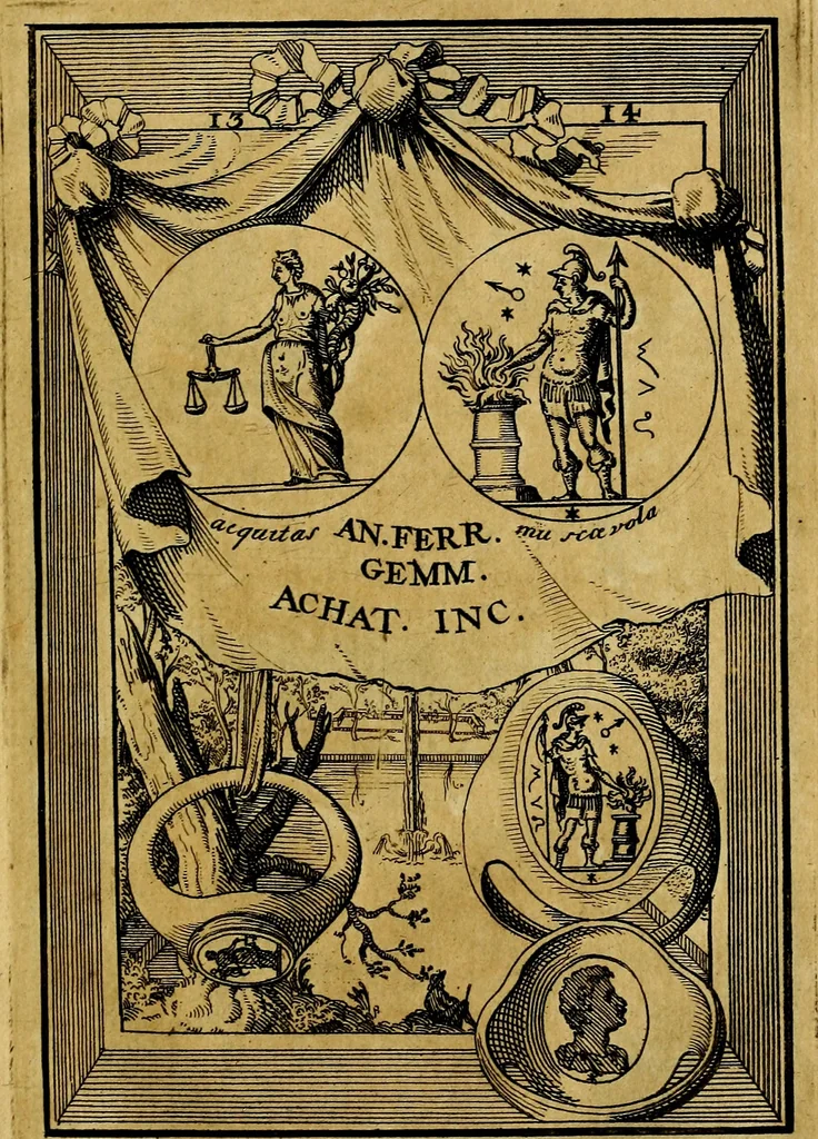 An illustration from Dactyliothecae, seu Annulorum sigillarium quorum priscos tam Graecos quam Romanos usus, ex ferro, aere, argento & auro promptuarii ... Collectis aliunde & ineditis & editis annulorum figuris auctior;, 1695, leaf 18
