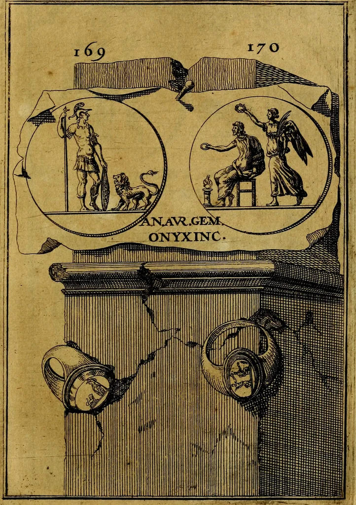 An illustration from Dactyliothecae, seu Annulorum sigillarium quorum priscos tam Graecos quam Romanos usus, ex ferro, aere, argento & auro promptuarii ... Collectis aliunde & ineditis & editis annulorum figuris auctior;, 1695, leaf 180