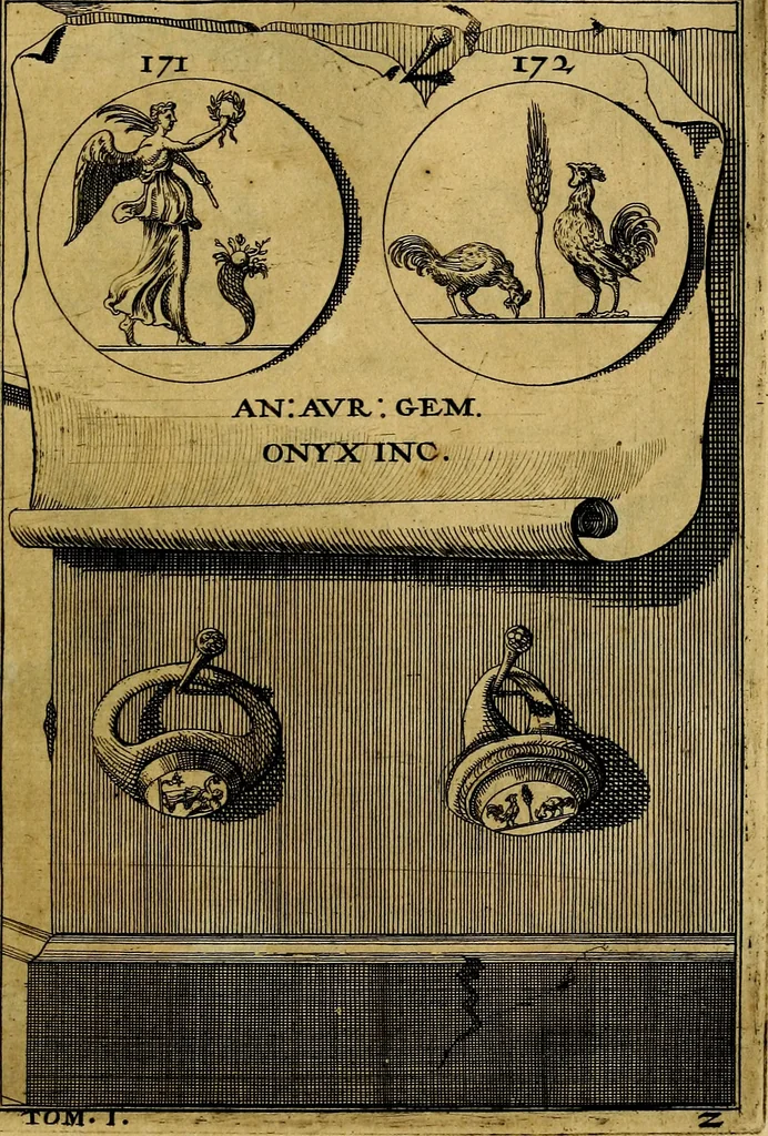 An illustration from Dactyliothecae, seu Annulorum sigillarium quorum priscos tam Graecos quam Romanos usus, ex ferro, aere, argento & auro promptuarii ... Collectis aliunde & ineditis & editis annulorum figuris auctior;, 1695, leaf 182