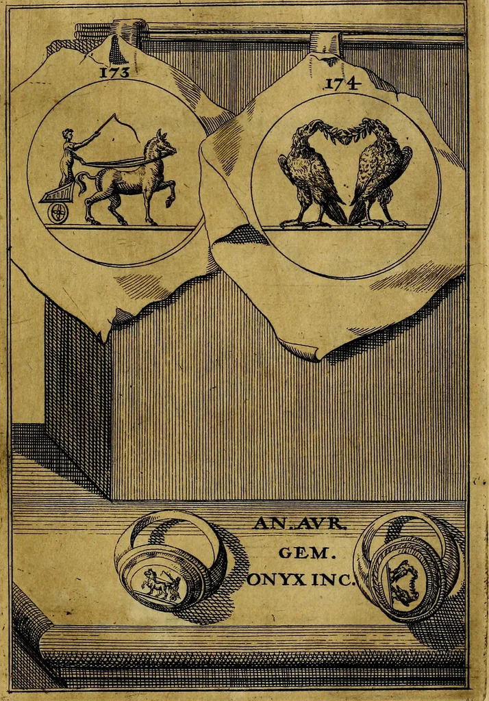 An illustration from Dactyliothecae, seu Annulorum sigillarium quorum priscos tam Graecos quam Romanos usus, ex ferro, aere, argento & auro promptuarii ... Collectis aliunde & ineditis & editis annulorum figuris auctior;, 1695, leaf 184