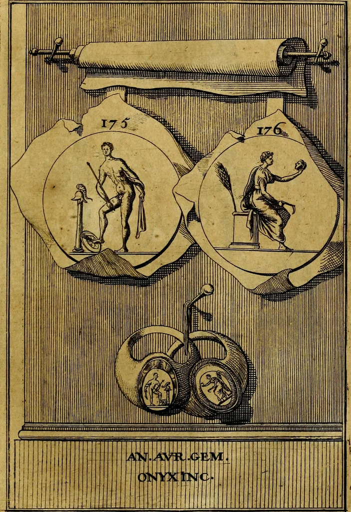 An illustration from Dactyliothecae, seu Annulorum sigillarium quorum priscos tam Graecos quam Romanos usus, ex ferro, aere, argento & auro promptuarii ... Collectis aliunde & ineditis & editis annulorum figuris auctior;, 1695, leaf 186