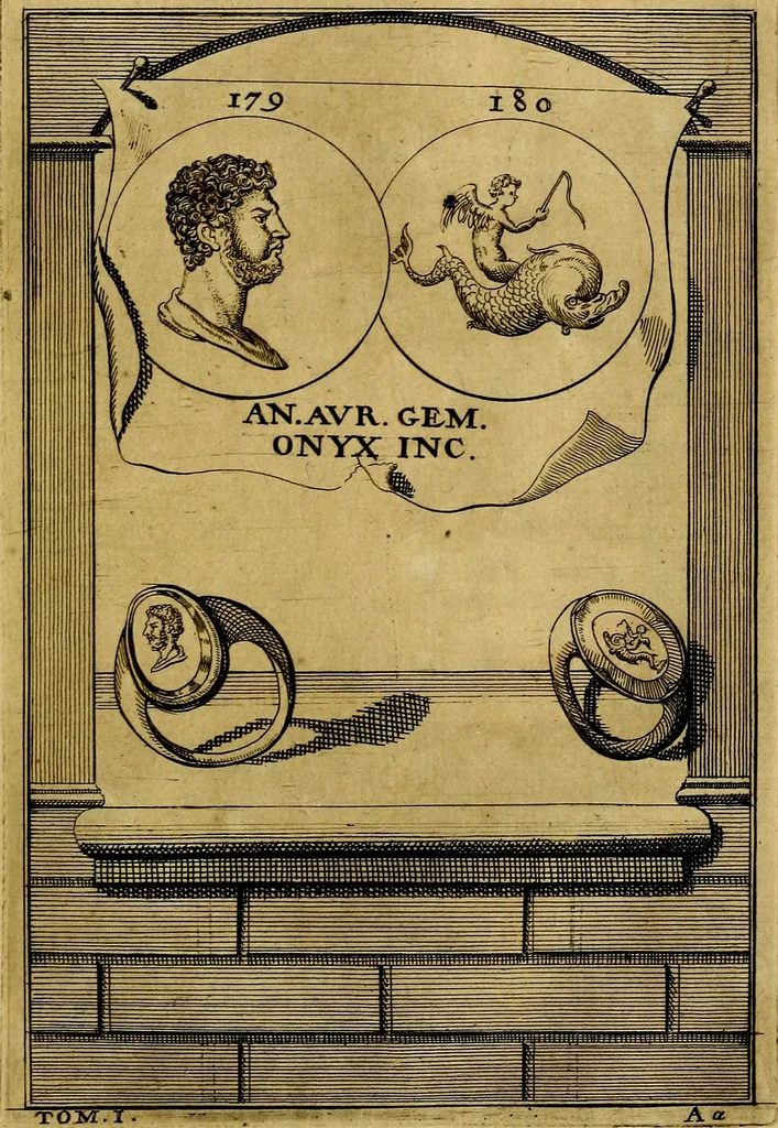 An illustration from Dactyliothecae, seu Annulorum sigillarium quorum priscos tam Graecos quam Romanos usus, ex ferro, aere, argento & auro promptuarii ... Collectis aliunde & ineditis & editis annulorum figuris auctior;, 1695, leaf 190