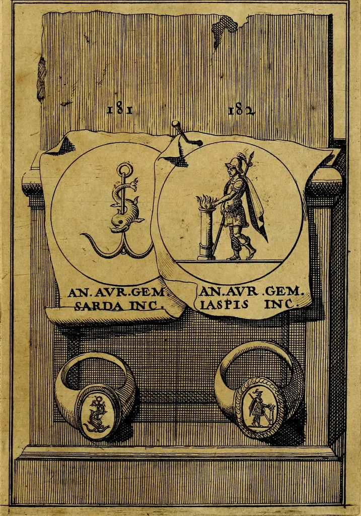 An illustration from Dactyliothecae, seu Annulorum sigillarium quorum priscos tam Graecos quam Romanos usus, ex ferro, aere, argento & auro promptuarii ... Collectis aliunde & ineditis & editis annulorum figuris auctior;, 1695, leaf 192